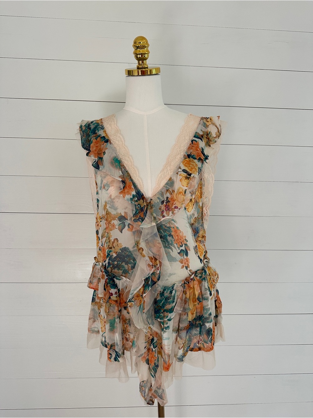 Anthropologie Floral Ruffled V-Neck Sheer Women's Bohemian Top